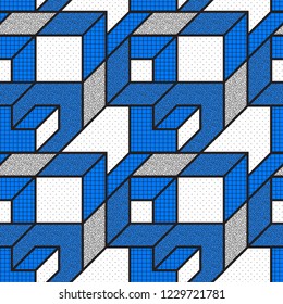 Vector geometric seamless patterns with textured bold mathematical shapes in blue, white, black colors