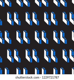 Vector geometric seamless patterns with textured bold mathematical shapes in blue, white, black colors