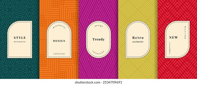 Vector geometric seamless patterns. Trending set of abstract colorful backgrounds with minimal labels, frames. Abstract modern retro ornament textures with lines, stripes. Geo design for decor, banner