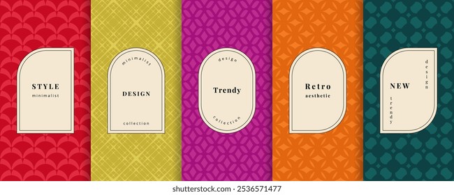 Vector geometric seamless patterns. Trending set of abstract elegant colorful backgrounds with minimal labels, frames, logo. Abstract modern retro ornament textures. Geo design for decor, banner, card