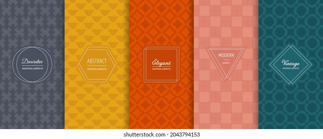 Vector geometric seamless patterns. Trendy set of simple abstract background swatches with elegant minimal labels. Modern colorful textures. Gray, pink, orange, yellow, teal color. Design for print