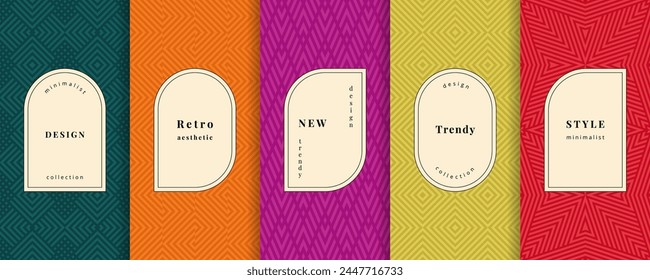 Vector geometric seamless patterns. Trendy set of abstract colorful backgrounds with minimal labels, frames. Abstract modern retro line ornament textures. Design for print, decor, package, banner