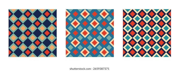 Vector geometric seamless, Retro pattern, Set of Essential geometric printable seamless pattern, Vintage color background, Contemporary style, vibrant colors tile, Print of modern shapes and forms