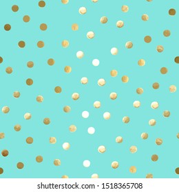 Vector geometric seamless sparkle pattern with gold foil polka dots on mint background