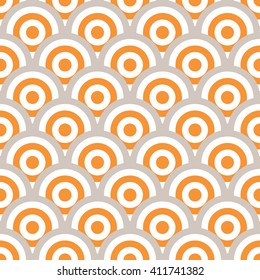 Vector geometric semicircles shapes and circles in seamless pattern. Modern ornamental seamless geometric textured background in gray and orange colors.