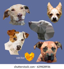 Vector geometric set of dog of triangles. Low-poly origami style.
