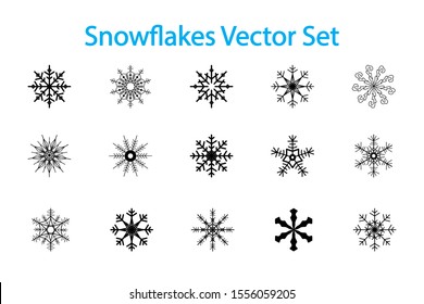 Vector geometric set of fifteen snowflakes on a white background. Flat Christmas decor