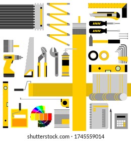 vector geometric set on the theme of interior repair. illustrations are made in the style of geometric minimalism. items that are often used by builders in the repair of interiors