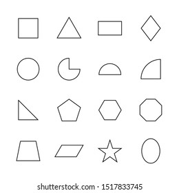 Vector geometric shape design set. Simple line icon logo background. Flat 2D collection of basic star, square, circle, triangle, rectangle, pyramid, polygon, trapezoid, octagon, hexagon, pentagon