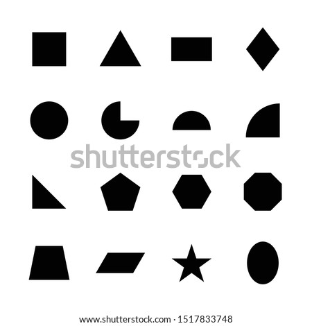 Vector geometric shape design set. Simple 2D collection of basic star, square, circle, triangle, rectangle, pyramid, polygon, trapezoid, octagon, hexagon, pentagon. Flat icon logo background