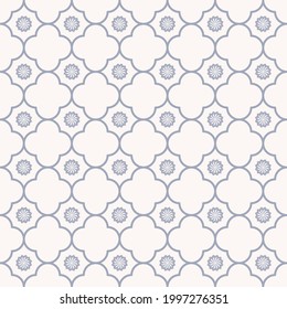 Vector geometric shape and small star flower grid seamless pattern blue grey color background. Simple Sino-Portuguese or Peranakan pattern. Use for fabric, textile, interior decoration elements.
