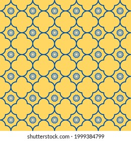 Vector geometric shape and small star flower grid seamless pattern yellow blue color background. Simple Sino-Portuguese or Peranakan pattern. Use for fabric, textile, interior decoration elements.