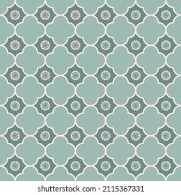 Vector geometric shape and small star flower grid seamless pattern blue turquoise color background. Simple Sino-Portuguese or Peranakan pattern. Use for fabric, textile, interior decoration elements.