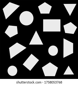 Vector geometric shape such as circle, square, triangle, pentagon, trapezoid on black background.