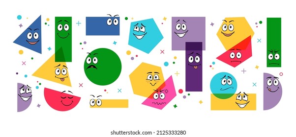 Vector Geometric Shapes Colorful Background with Funny Faces, Different Basic Geometry Figures on White Background, Vector Bright Colors Illustration.