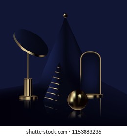 Vector geometric shapes and designs to look beautiful and gold 3D shapes, realistic pyramid door and mirror. and as an illustration or background.