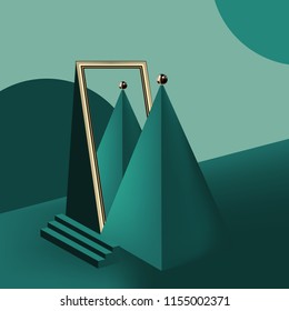 Vector geometric shapes and designs to look beautiful and gold 3D shapes, realistic pyramid door and mirror. and as an illustration or background.