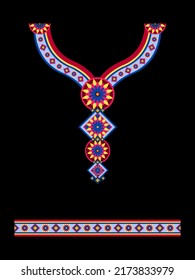 Vector Geometric shapes, ethnic patterns, embroidery designs, collar and hem. For embroidery, fabric patterns, bright colors.