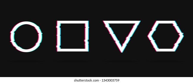 Vector geometric shapes frames with dynamic glitch effect. Easy to animate. Trendy  glitch elements. Circle, square, triangle and hexagon.