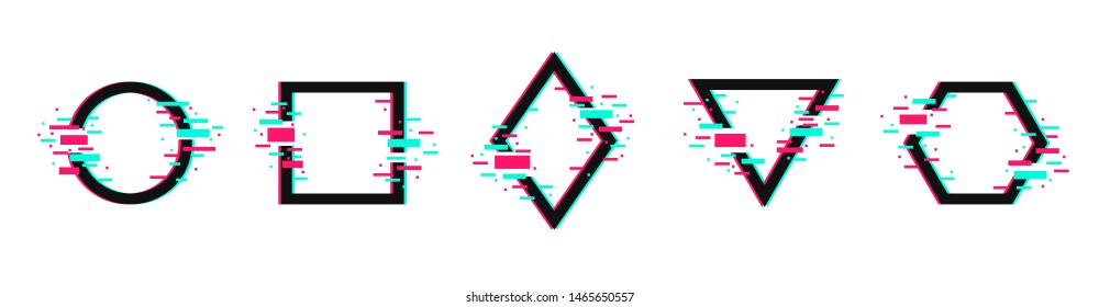 Vector geometric shapes frames with glitch effect. Music logo templates in distorted glitch style. Modern trendy backgrounds for design banner, poster, cover