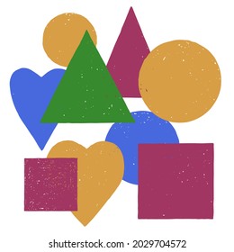 Geometrische Vektorformen mit Grunge-Struktur. Kreis, Dreieck, Quadrat und Herz. Handgezeichnet in verschiedenen Formen.