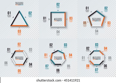 Vector geometric shapes for infographic. Template for cycle diagram, graph, presentation and chart. Business concept with 3, 4, 5, 6, 7 and 8 options, parts, steps. Transparent background