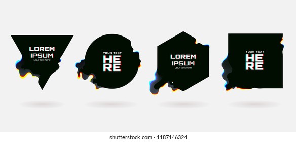 Vector geometric shapes with liquid glitch. Circle, triangle, rhombus and square with vhs glitch effect. Abstract black torn forms. Applicable for banner design,invitation, party flyer etc.