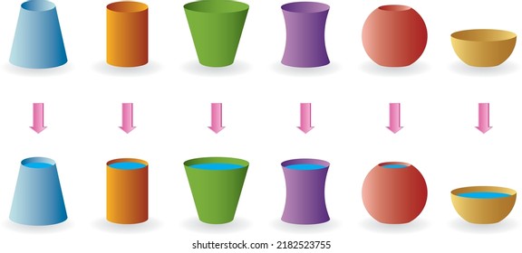 Vector geometric shapes. Physics, geometry science, cylindrical vessels of different sizes and dimensions. Basic stereometry shape vector illustration