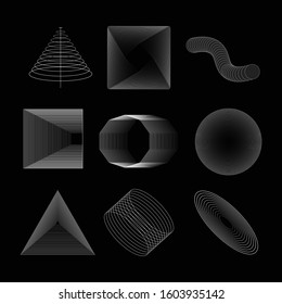 Vector Geometric Shapes Set. Abstract Shapes. Brutal Design Elements. Abstract Blended Geometric Objects. Brutalism. Brutal Design Style Icons On Black Background. Motion Elements