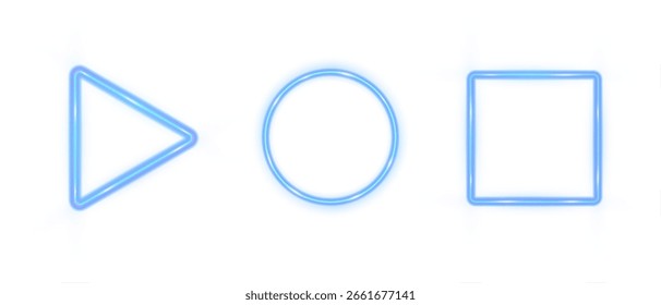Geometrische Vektorformen: Dreieck, Kreis und Quadrat, in Neonblau leuchten. Geeignet für digitales Design, Schnittstellen, Präsentationen und visuelle Effekte auf weißem Hintergrund.