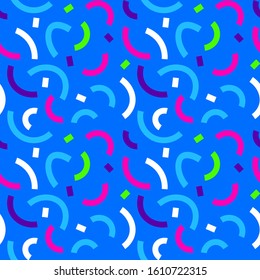 Vector geometric simple seamless pattern with color round stripe decoration on blue color background. Flat style design of pattern for web, site, banner, print, textile, wrapping paper