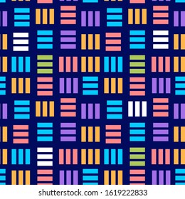 Vector geometric simple seamless pattern with neon color stripe square decoration on dark background. Flat style design of pattern for web, site, banner, print, textile, wrapping paper