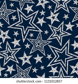 Vector Geometric Sparkle Seamless Pattern With Silver Glitter Sparkle Stars On Blue Background 