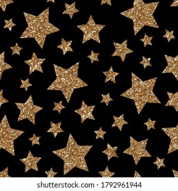 Vector geometric sparkle seamless pattern with gold and bronze glitter stars on black background