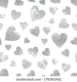 Vector geometric sparkle seamless pattern with silver holographic glitter sparkle hearts on white background