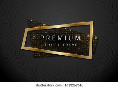 Vector geometric sparkling sequins banner with golden frame on black pattern background. Premium label design for logo or cover tagline