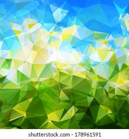 Vector geometric spring abstract background, green grass and blue sky, triangle style