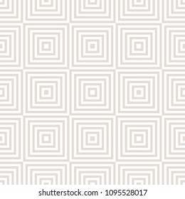 Vector geometric squares seamless pattern. Abstract white and beige graphic ornament with lines, stripes, squared shapes. Modern linear background texture. Subtle repeat design for decor, prints, web