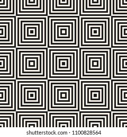 Vector geometric squares seamless pattern. Abstract black and white graphic ornament with lines, stripes, squared shapes. Modern linear background texture. Repeat design for decor, textile, carpet