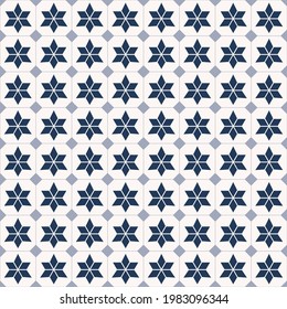 Vector geometric star grid seamless pattern blue color background. Simple Sino-Portuguese or Peranakan pattern. Use for fabric, textile, interior decoration elements.