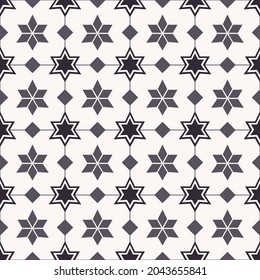 Vector geometric star line grid seamless pattern dark brown color background. Simple Sino-Portuguese or Peranakan pattern. Use for fabric, textile, interior decoration elements, upholstery.