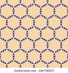 Vector geometric stars seamless pattern. Dark blue and yellow texture with star shapes, hexagonal grid, lattice, mesh, net. Elegant festive background. Subtle minimal ornament. Design for decoration