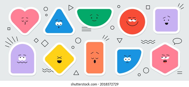 Vector geometric stickers with different face emotions. Cute cartoon characters of heart, triangle, circle, square, rhombus, rectangle and hexagon, colorful various figures. 