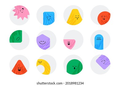 Vector geometric stickers with different face emotions. Cute cartoon characters, colorful various figures. Graphic design template for stickers or highlights.