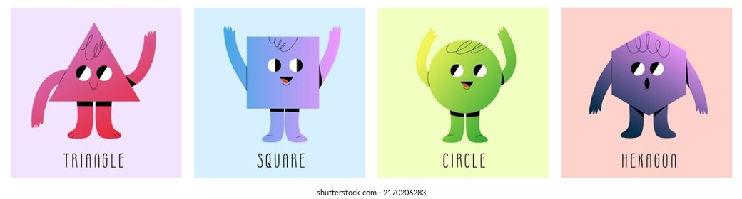 Vector geometric stickers with different face emotions. Cute cartoon characters of heart, triangle, circle, square, rhombus, rectangle and hexagon, colorful various figures.