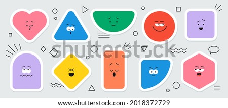 Vector geometric stickers with different face emotions. Cute cartoon characters of heart, triangle, circle, square, rhombus, rectangle and hexagon, colorful various figures. 