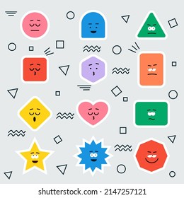 vector geometric stickers with different facial emotions. colorful various figures. cute cartoon. circle, square, rectangle, hexagon.