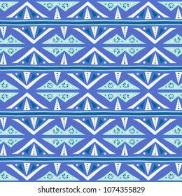 Vector geometric striped ethnic pattern with triangles, stripes, and dots. Tribal background in nautical blue color for spring summer fashion. Bold print in bohemian and boho chic style for home decor
