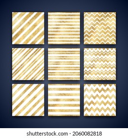 Vector Geometric Striped Golden Seamless Pattern Set. Shiny gold foil repeat texture with white diagonal lines, stripe, zigzag. Abstract festive metal print for digital paper, background, wallpaper.