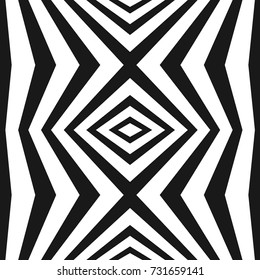 Vector geometric stripes pattern. Black and white seamless texture with refracted lines, rhombuses. Abstract monochrome striped background, repeat tiles. Optical illusion effect. Trendy repeat design